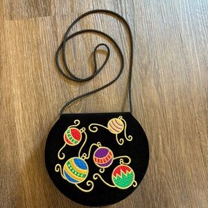 Lord & Taylor Vintage Black Velvet Christmas Ornaments Embroidered Crossbody Bag